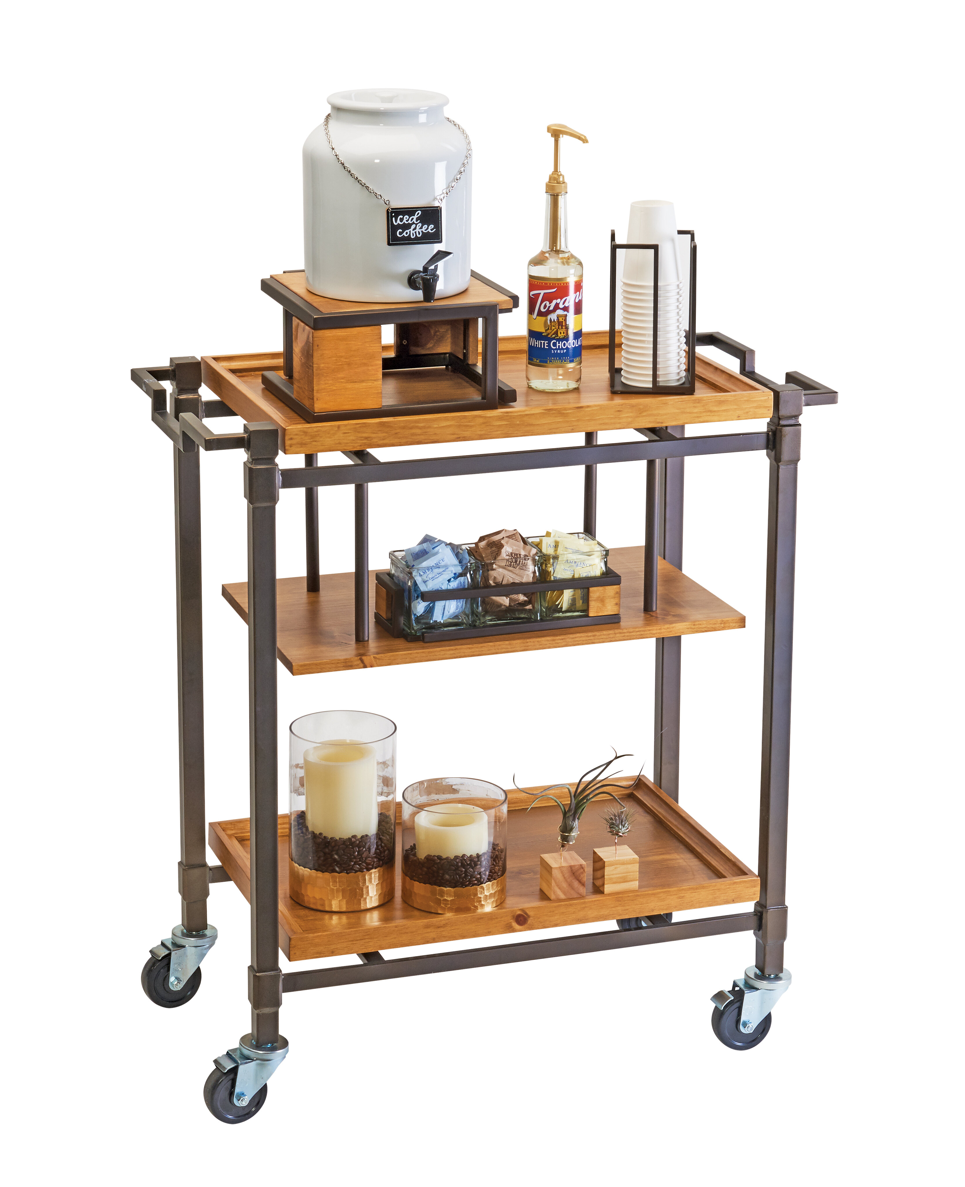 Wintage Style Serving Cart with Wine Rack and Glass Holder Industree Bar Cart Metal Wood Kitchen Cart on Wheels with Handle Rack 3 Tier Storage Shelves