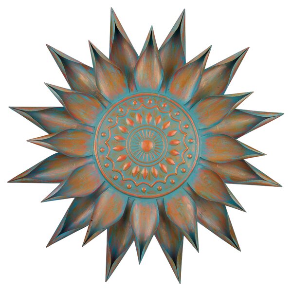Large 40" Copper Patina Sun Wall Art Sculpture Outdoor Weather Resist Wavy Rays 