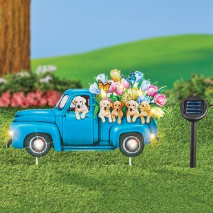 "Welcome" Spring Flowers Vintage Truck Garden Stake w/ Solar Lighted Headlights 