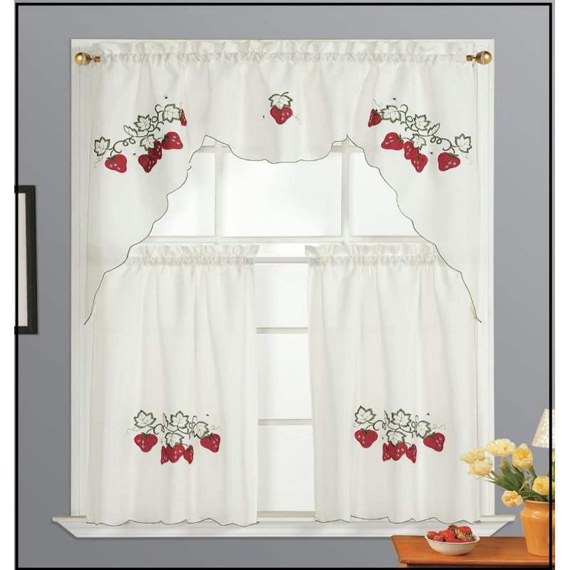 August Grove Halpern Strawberry 3 Piece Kitchen Curtain Set Wayfair