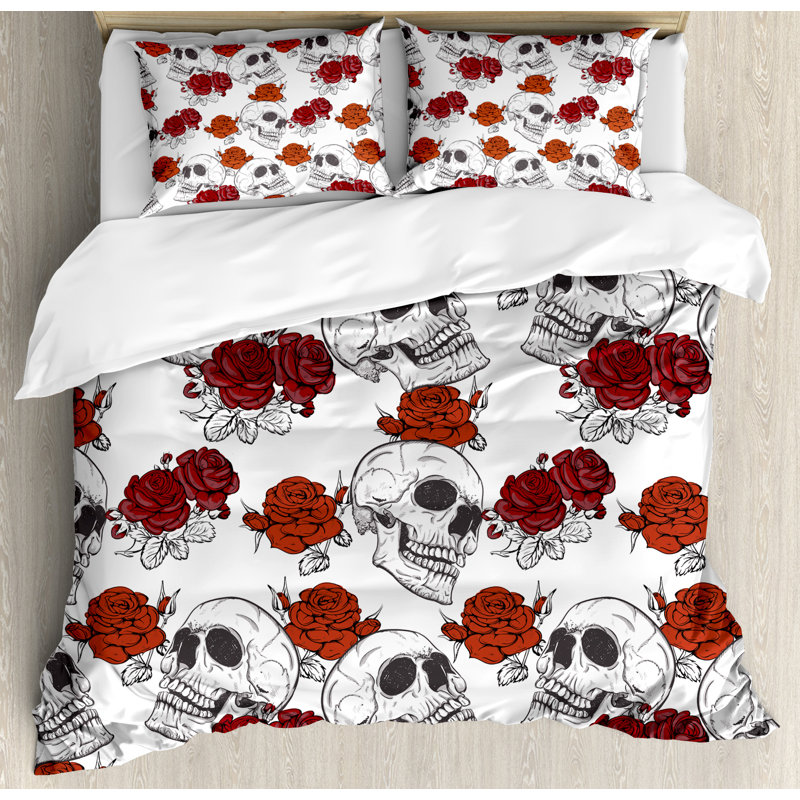 Ambesonne Skull Decorations Retro Gothic Dead Skeleton Figures With Rose Halloween Spooky Trippy Romantic Duvet Cover Set Reviews Wayfair