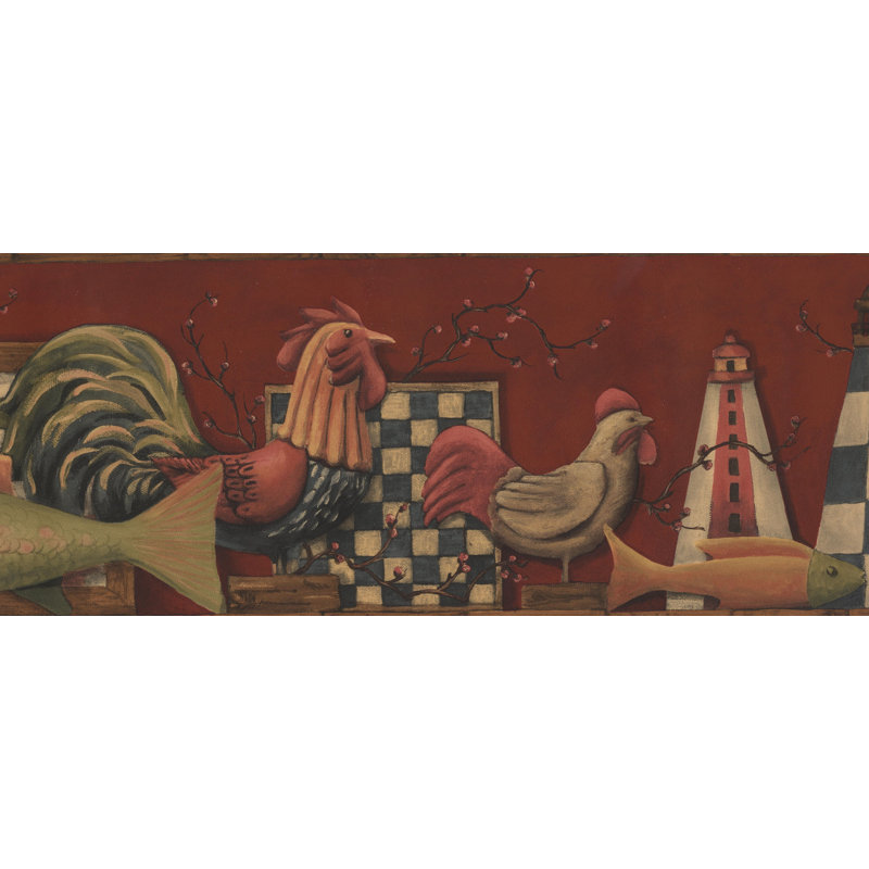 Retroart Roosters And Fish Animals In Kitchen 15 X 7 Wallpaper