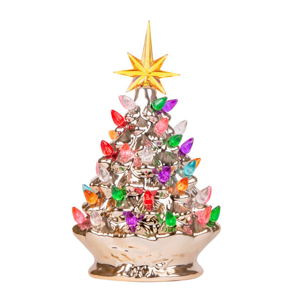 17.5 Inch Pre-Lit LED Merry Christmas Gold Tree Table Top Decoration With Bells