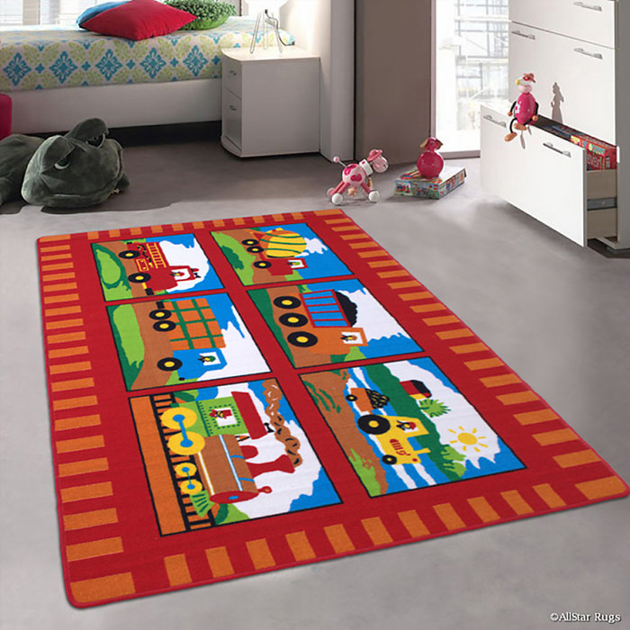 Lenny Trucks And Trains Kids Baby Room Red Area Rug Lenny Trucks And Trains Kids Baby Room Red Area Rug