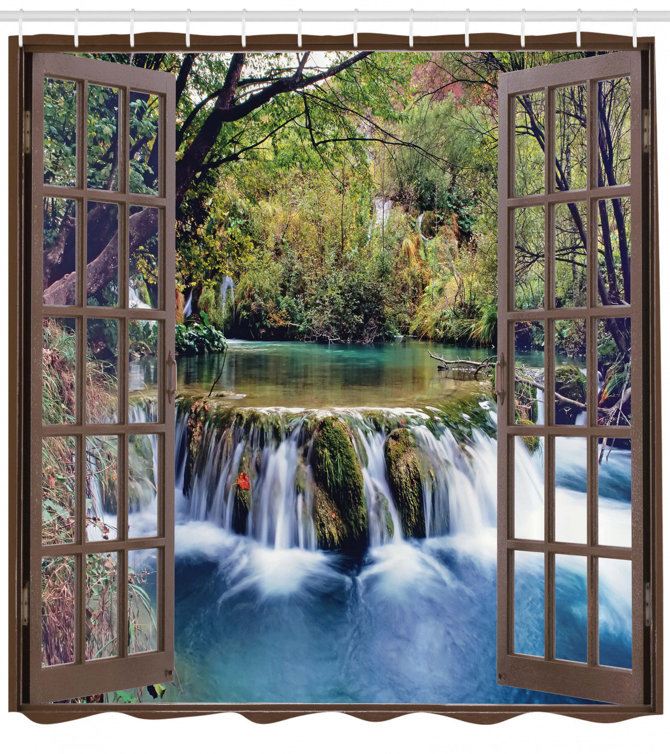 Summer Forest Waterfall Shower Curtain Set Waterproof Fabric Bathroom w//12 Hooks