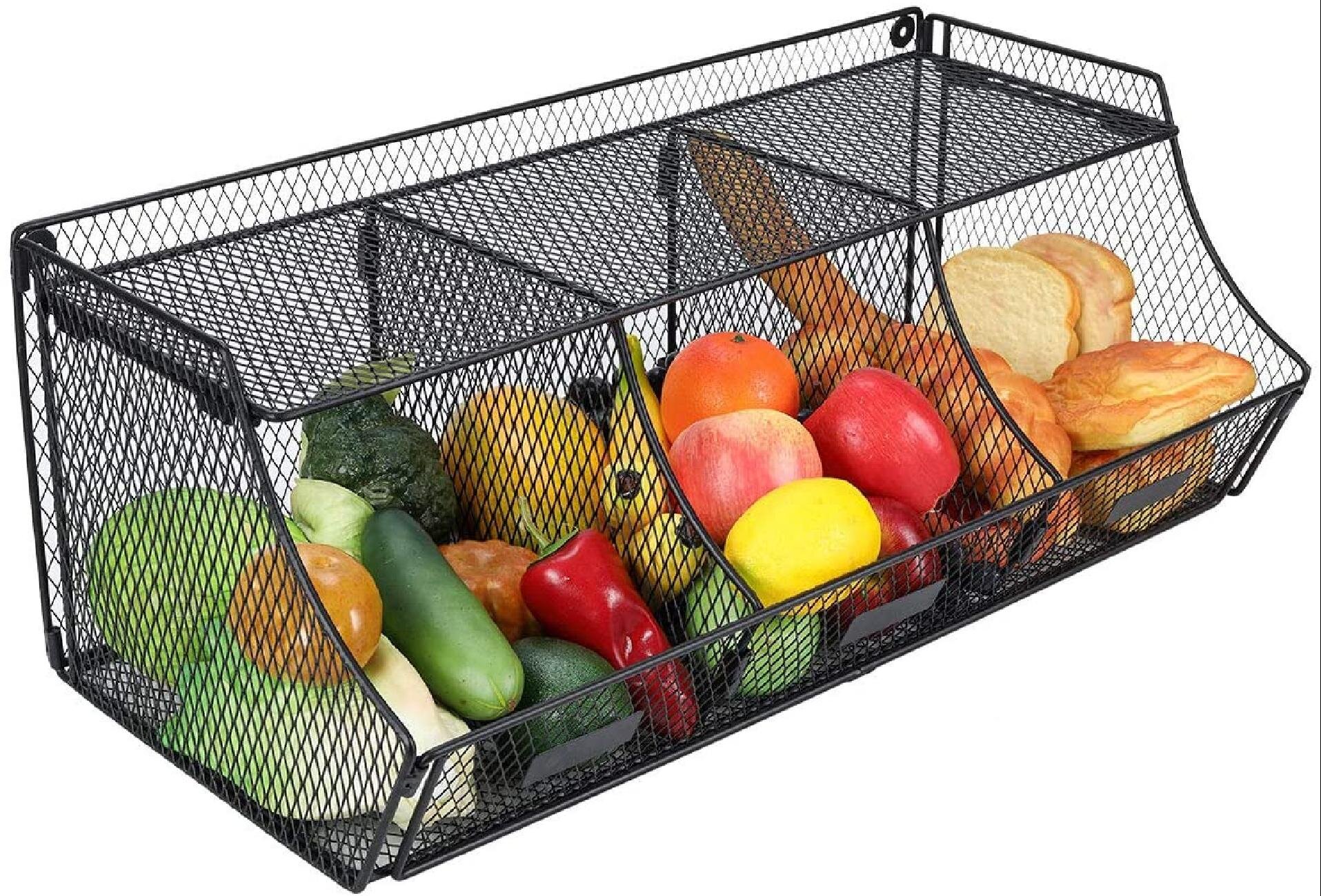 2 Pack-Black Wall-Mounted Black Metal Fruit Vegetable Baskets,Large /& Small Hanging Produce Bins,for Flowers,Fruits and Veggies,Decorations,and More,Set of 2 Black
