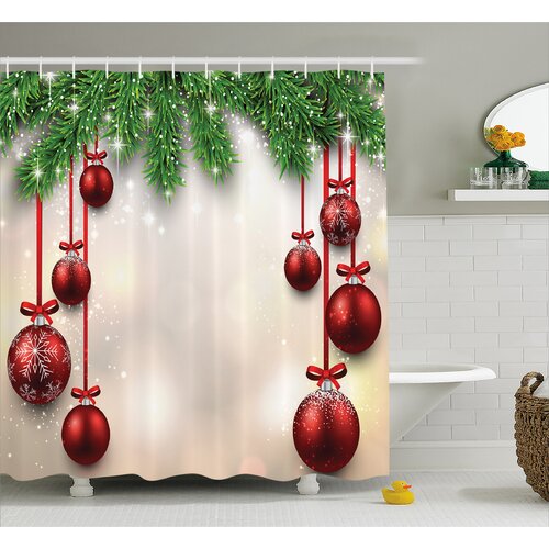 The Holiday Aisle® Christmas Red Balls Ribbons Single Shower Curtain ...