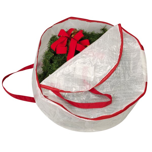 24 Inch Double Layer Christmas Wreath Storage Bag Red Wreath Storage Container Pure Color Seasonal Garland Holiday Container Festive Wreath Storage Box with Dual Zippers and Handles for Xmas Red