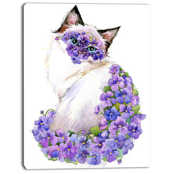 Ebern Designs Cute Cat With Blue Flowers Painting Print On