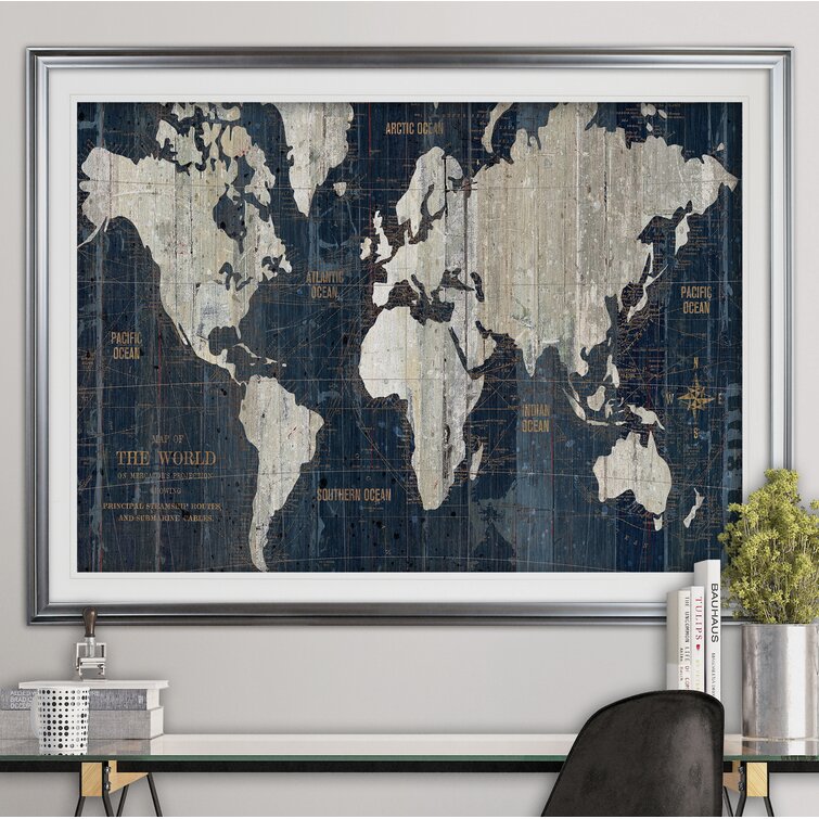World Map Triple View Educational Print in Premium Silver Wood Frame 24x36
