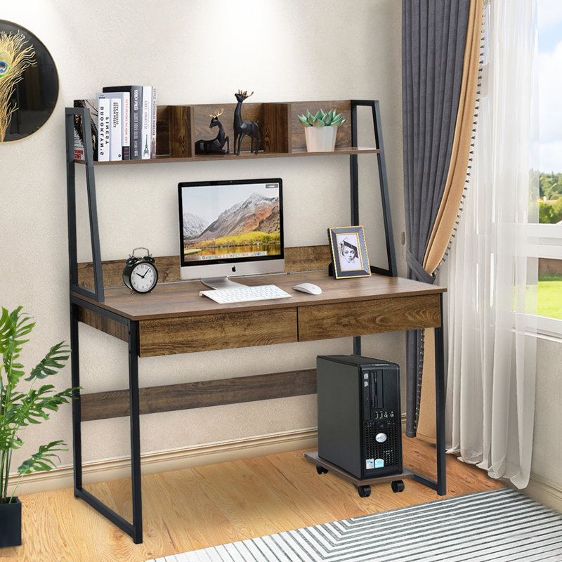 Inbox Zero Home Office Computer Desk With Hutch Bookshelf Desk With Space Saving Design Brown Wayfair