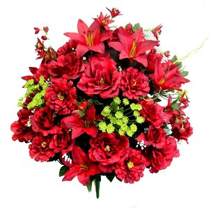Artificial Rose, Lily, Zinnia, Queen Anne's Lace Mixed Flower Bush with Greenery