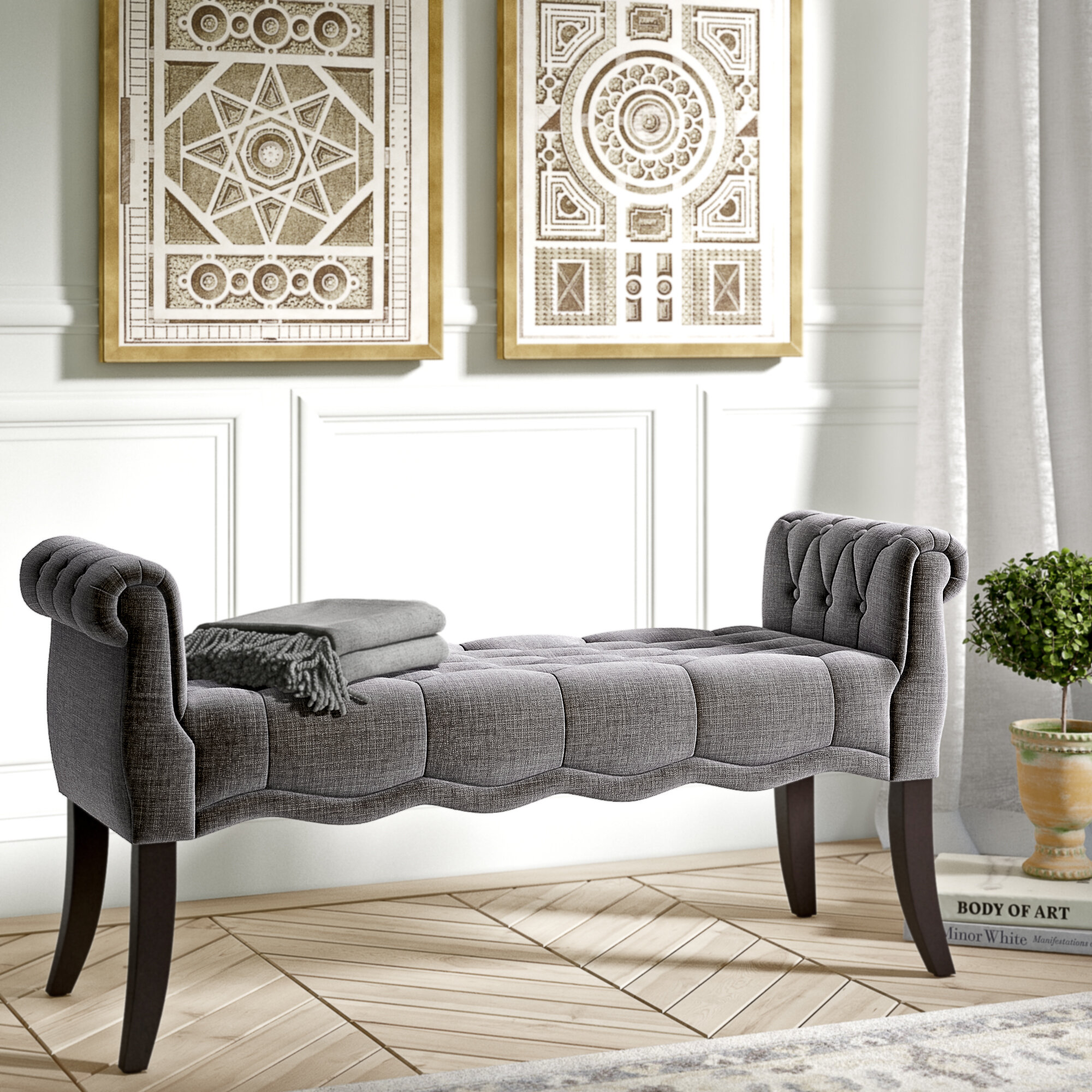 rolled arm tufted bench