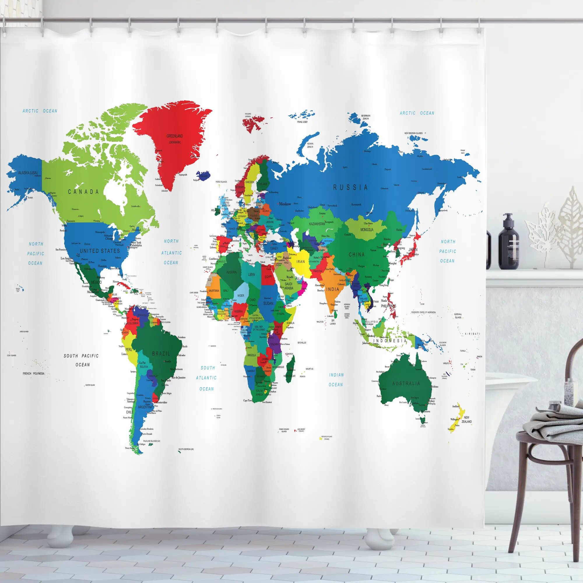 Color World Map Shower Curtain Toilet Cover Rug Bath Mat Contour Rug Set 