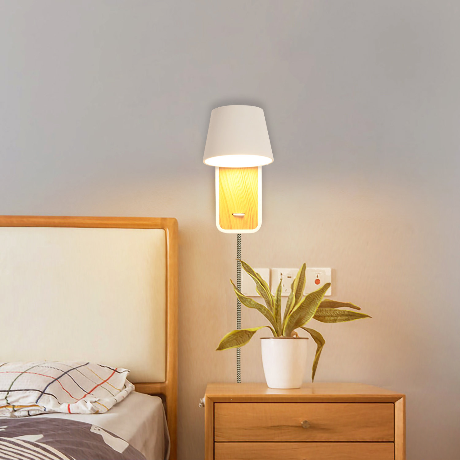 Wrought Studio Brentleigh Minimalism White Wall Lamp With Wood Bracket ...