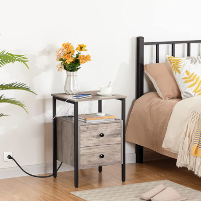 Pake 2 - Drawer 23.6" Tall Iron Nightstand with Storage and Built-In Outlets
