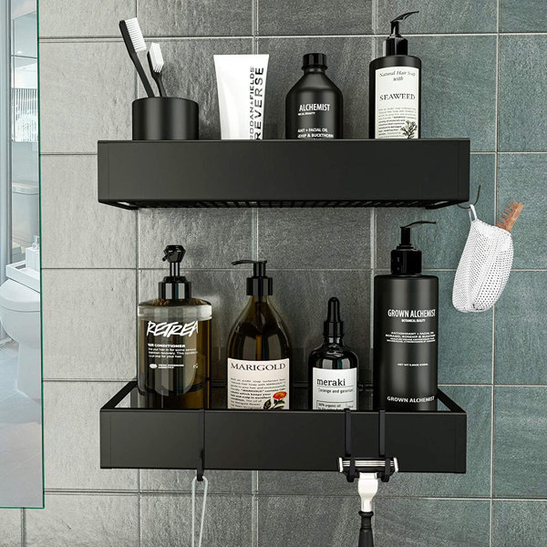 Aluminum Wall Mounted Bathroom Shelf Shower Caddy Rack Bar Hooks Storage Kitchen 