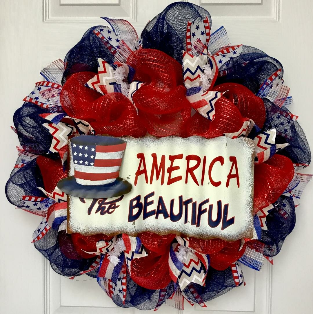 Patriotic 4th of July Home of the Free because of the Brave 24 inch Front Door Wreath Made in the USA Ready to Ship 