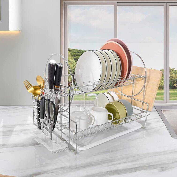 Dish Rack 2-Tier Double Slot Stainless Steel Dry Shelf Kitchen Cutlery Holder 
