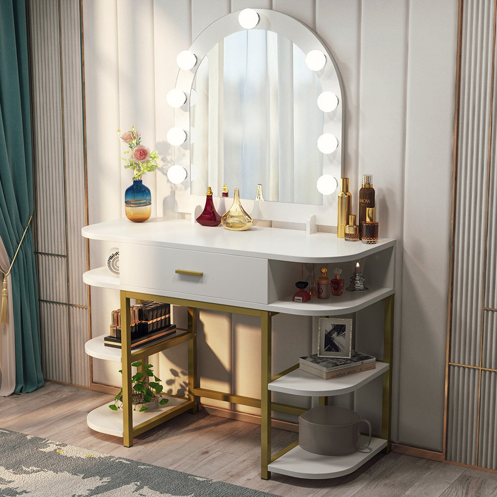 Everly Quinn Modern Simple Large Vanity Table With Lighted Mirror And Drawer