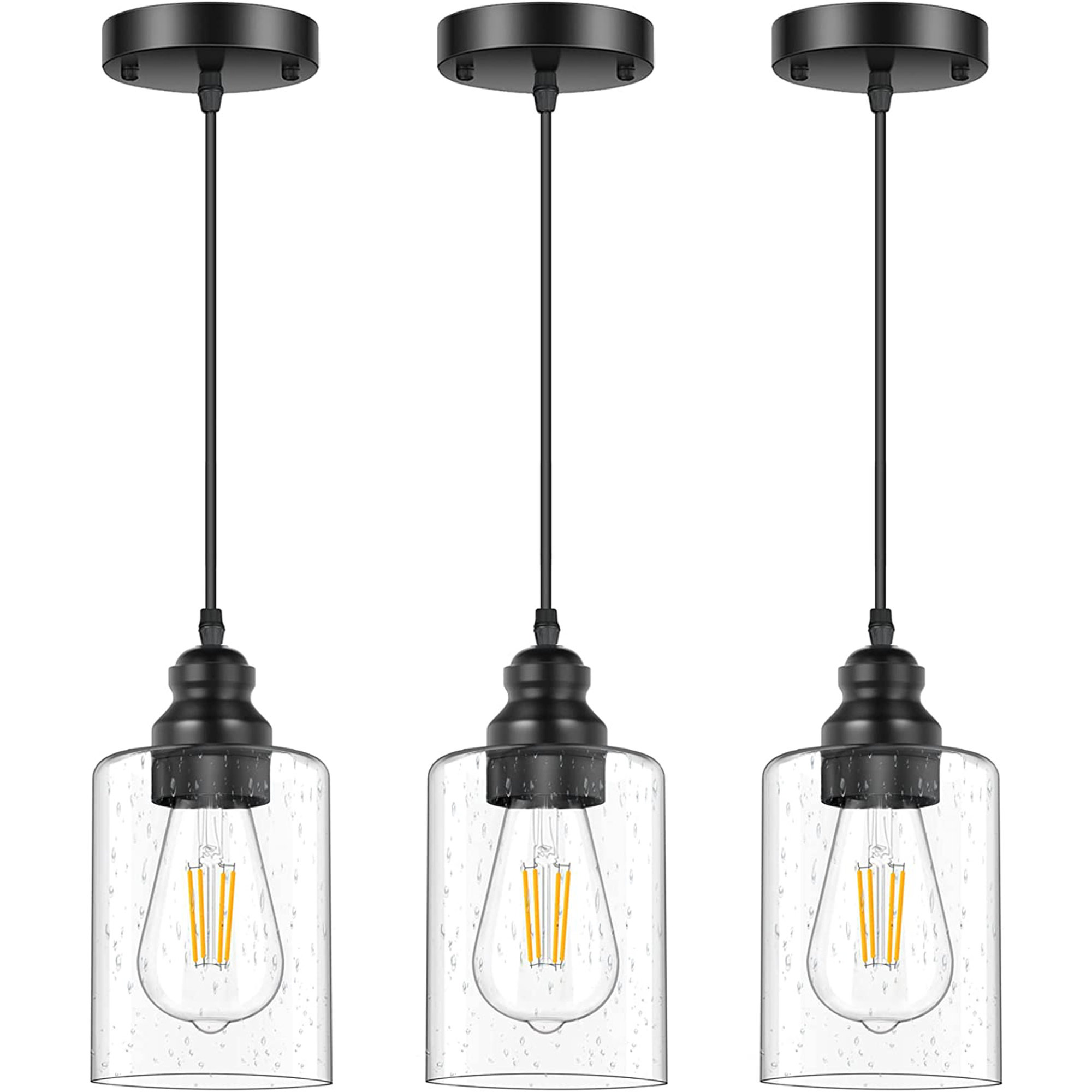 Vinatge Adjustable Hanging Light Fixtures With Seeded Clear Glass Shade Set Of 3 Pack 
