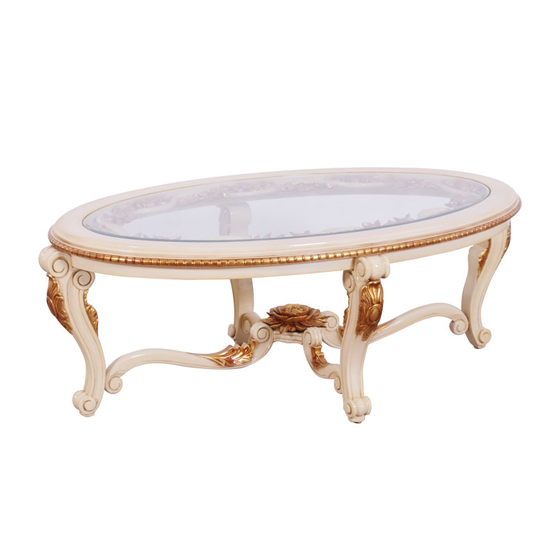 Benjara Oval Wooden Coffee Table With Cabriole Leg Support Gold And Clear Wayfair