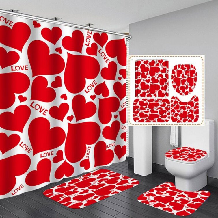 Heart Shaped American Flag Bathroom Shower Curtain Waterproof Fabric & 12 Hooks 