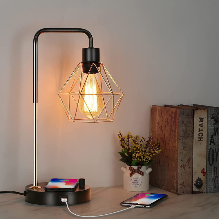 Industrial Table Lamp Nightstand Lamp with Wooden Base