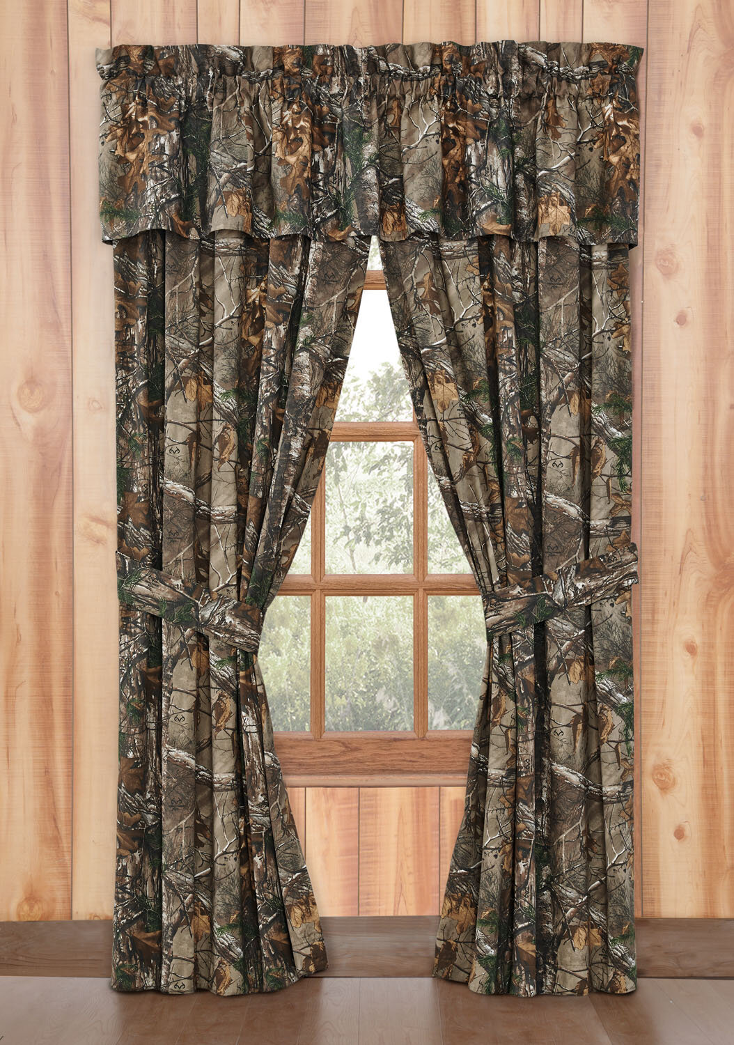 5 PC SET THE WOODS CURTAINS AND VALANCE DRAPES NEW BLACK WOODS CAMOUFLAGE 