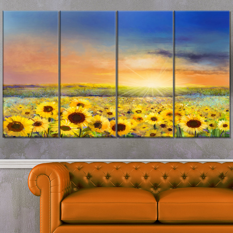 Designart Sunset Over Golden Sunflower Field 4 Piece Painting Print On Wrapped Canvas Set Wayfair