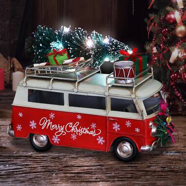 lights 4.5" long silver & white Volkswagen VW Bus Christmas ornament with tree 