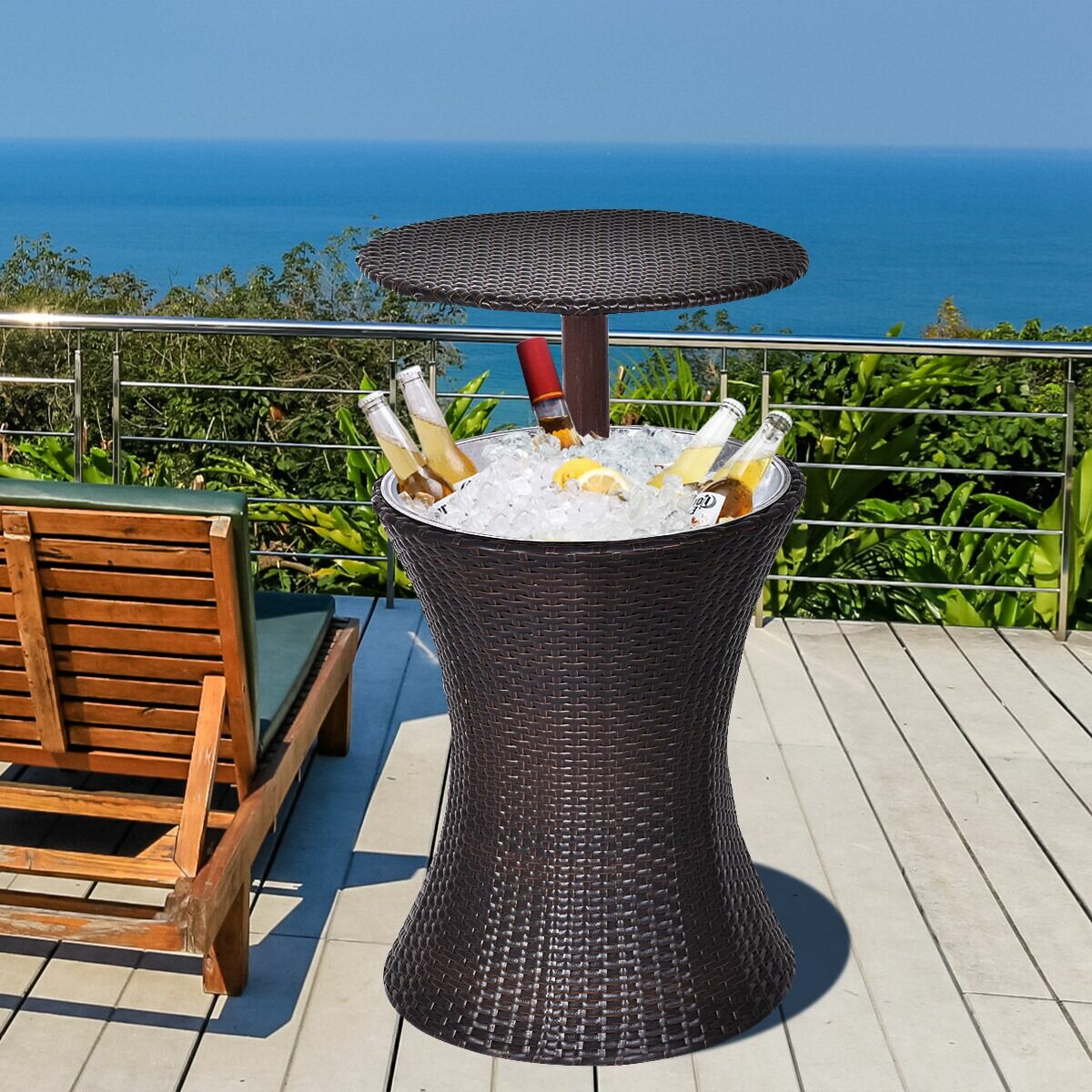 outdoor bar table with drinks cooler