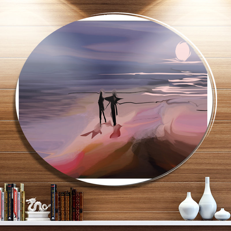 Designart Couple Walking Near Ocean At Night Oil Painting Print