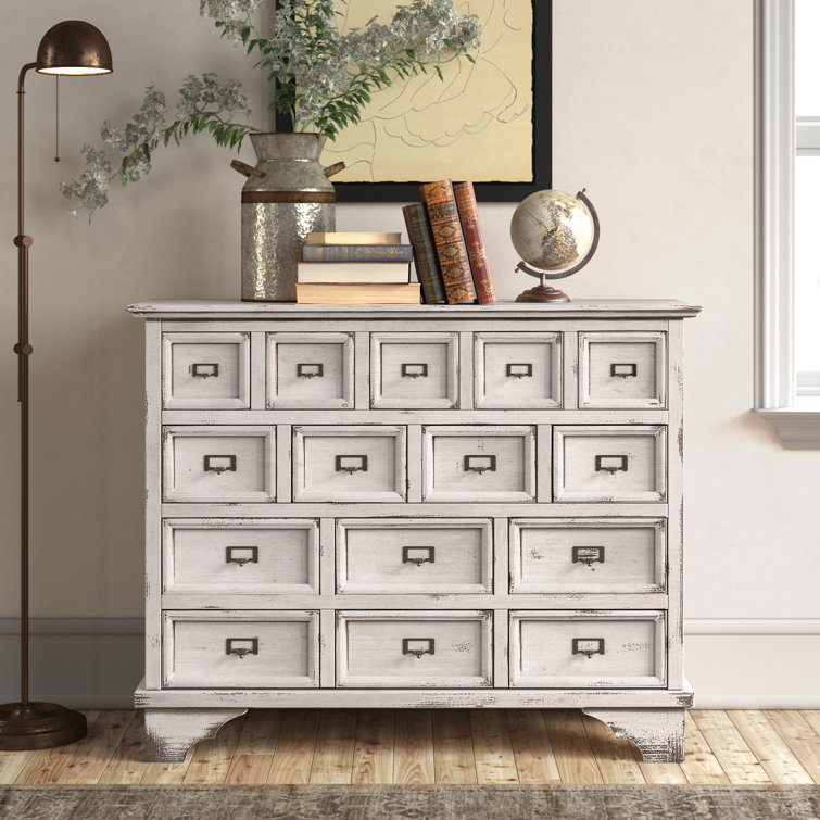 Antique White Distressed 15-Drawer Light Wood Apothecary Cabinet
