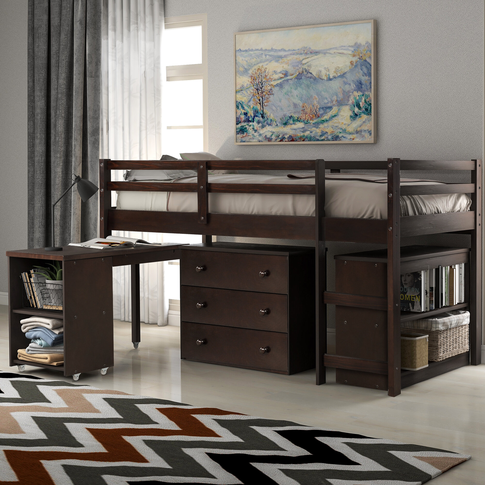 loft bed with desk and bookcase