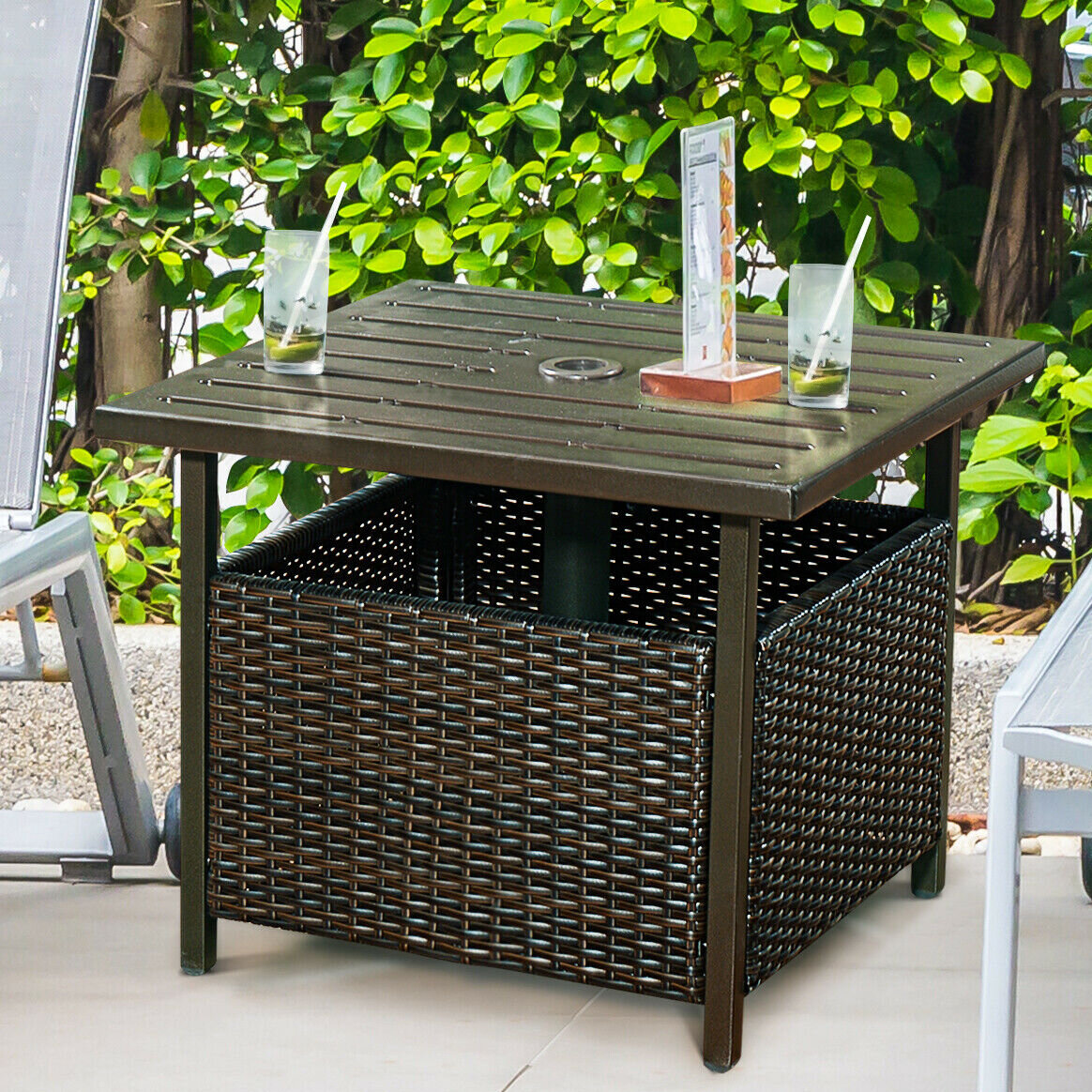 Brown Rattan Wicker Steel Side Table Outdoor Furniture Deck Garden Patio Pool 