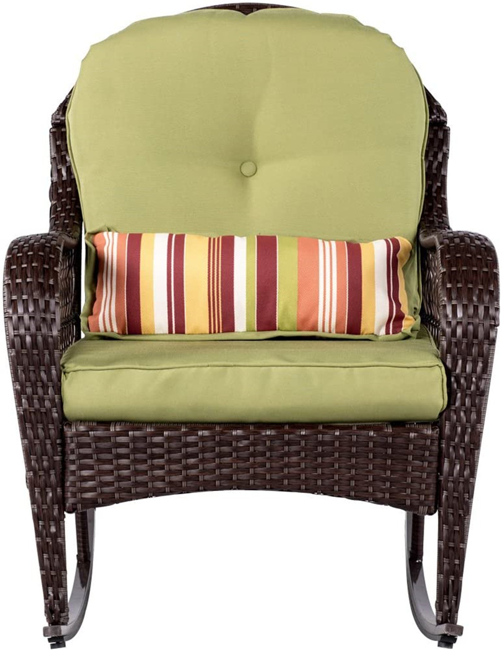 green patio cushion on Bayou Breeze Sundale Outdoor Rocking Chair Wicker Rattan Patio Chairs Witholefin Cushion And Pillow All Weather Porch Furniture For Outside Steel Frame Brown Green Wayfair