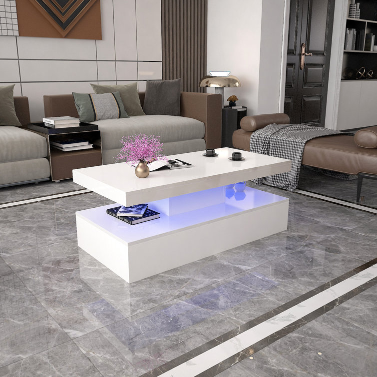 Wrought Studio Modern Glossy White Coffee Table With LED Lighting Living Room Furniture | Wayfair