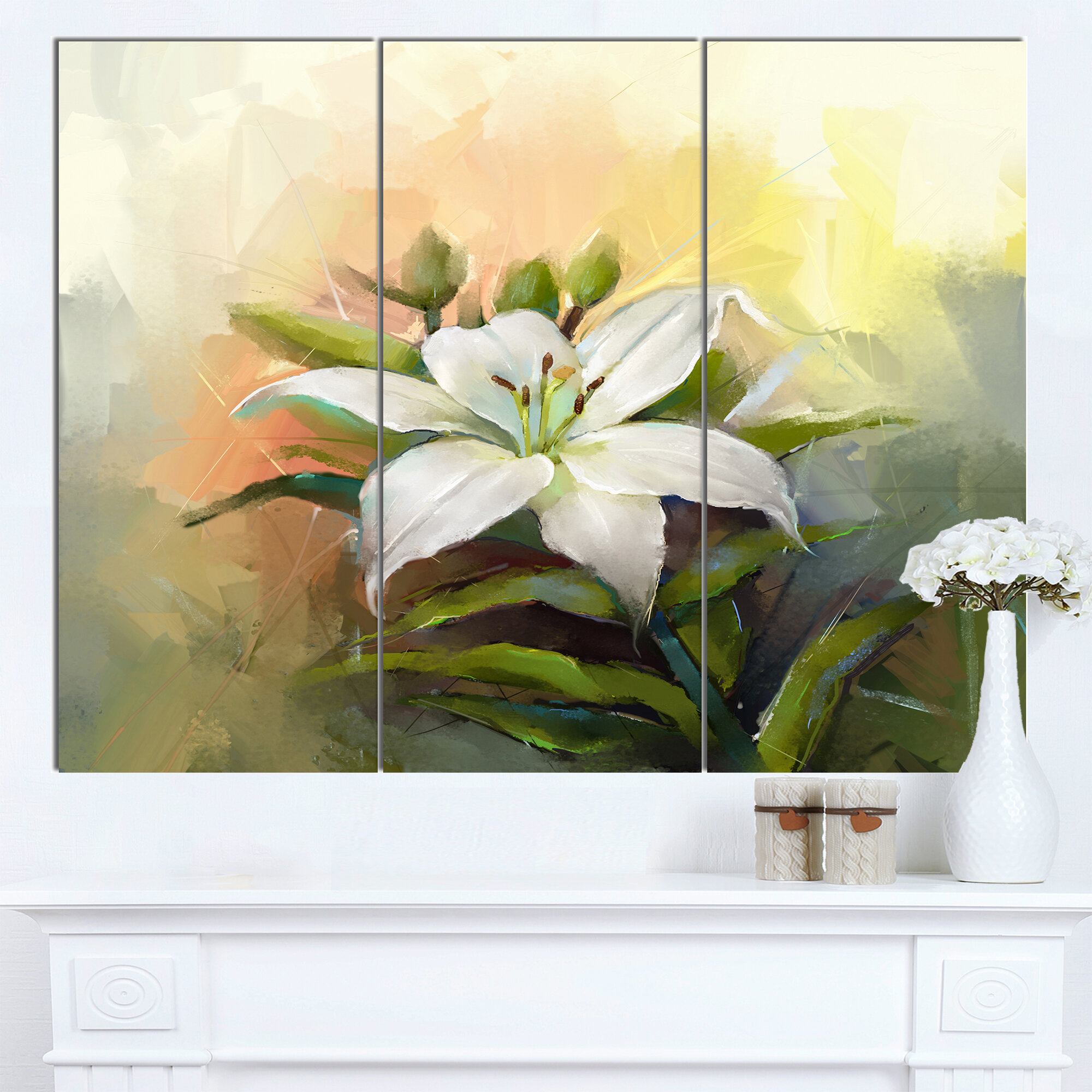 DesignArt White Lily Flower Oil Painting - 3 Piece Wrapped Canvas ...