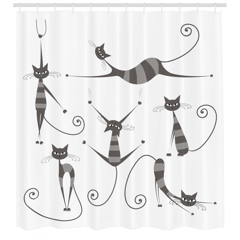 Ebern Designs Everly Funny Skinny Striped Cat Shower Curtain