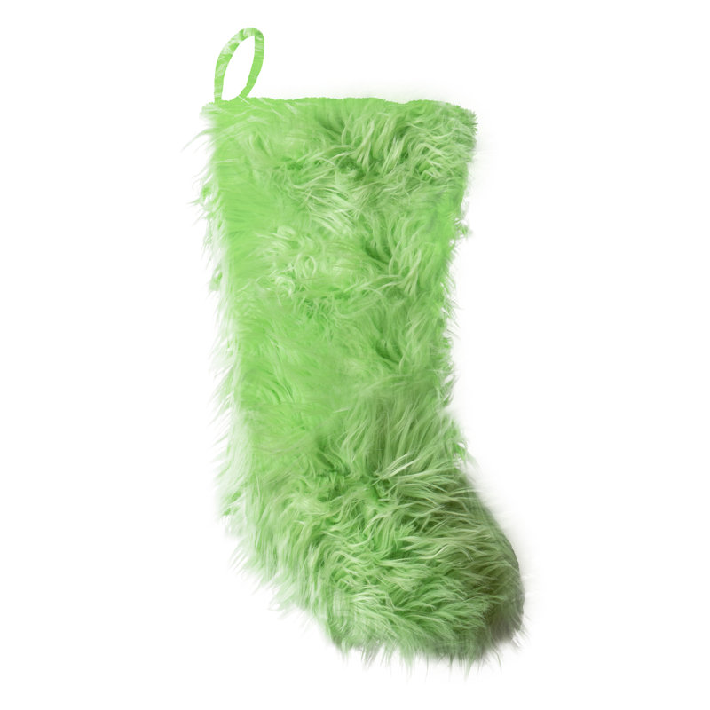 White faux fur stocking with blue flower