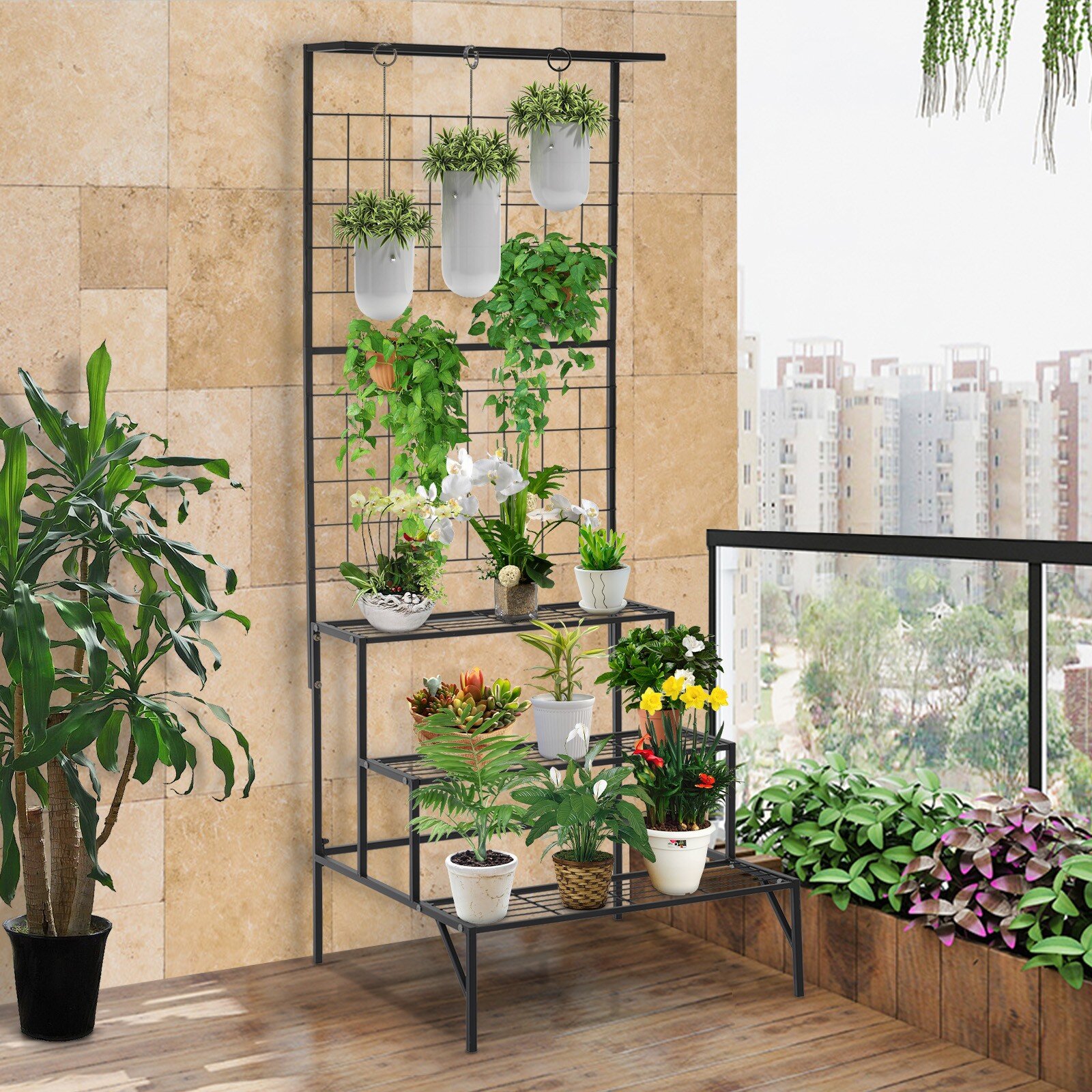 Details about  / Plant Flower Pot Shelf Stand Garden Storage Rack Display Ladder with Hanging Bar