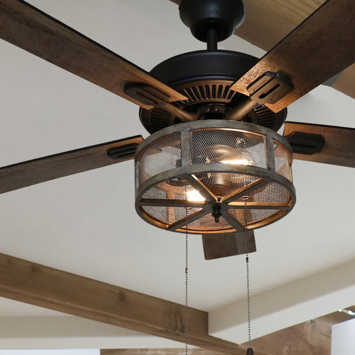 52 Abbigail Woodgrain Caged Farmhouse 5 Blade Ceiling Fan Light Kit Included