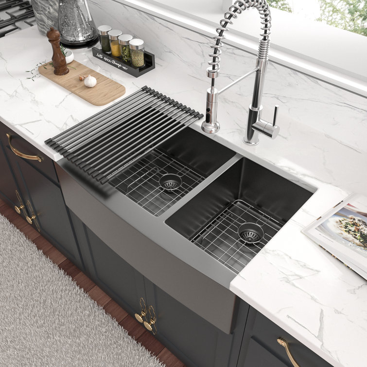36 Inch Gunmetal Black 16 Gauge Stainless Steel Double Bowl 60/40 Farm  Kitchen Sink Basin