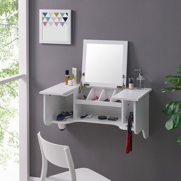 Wall Mounted Dressing Table White Hanging Unit Mirrored Woman Makeup Unit Desk