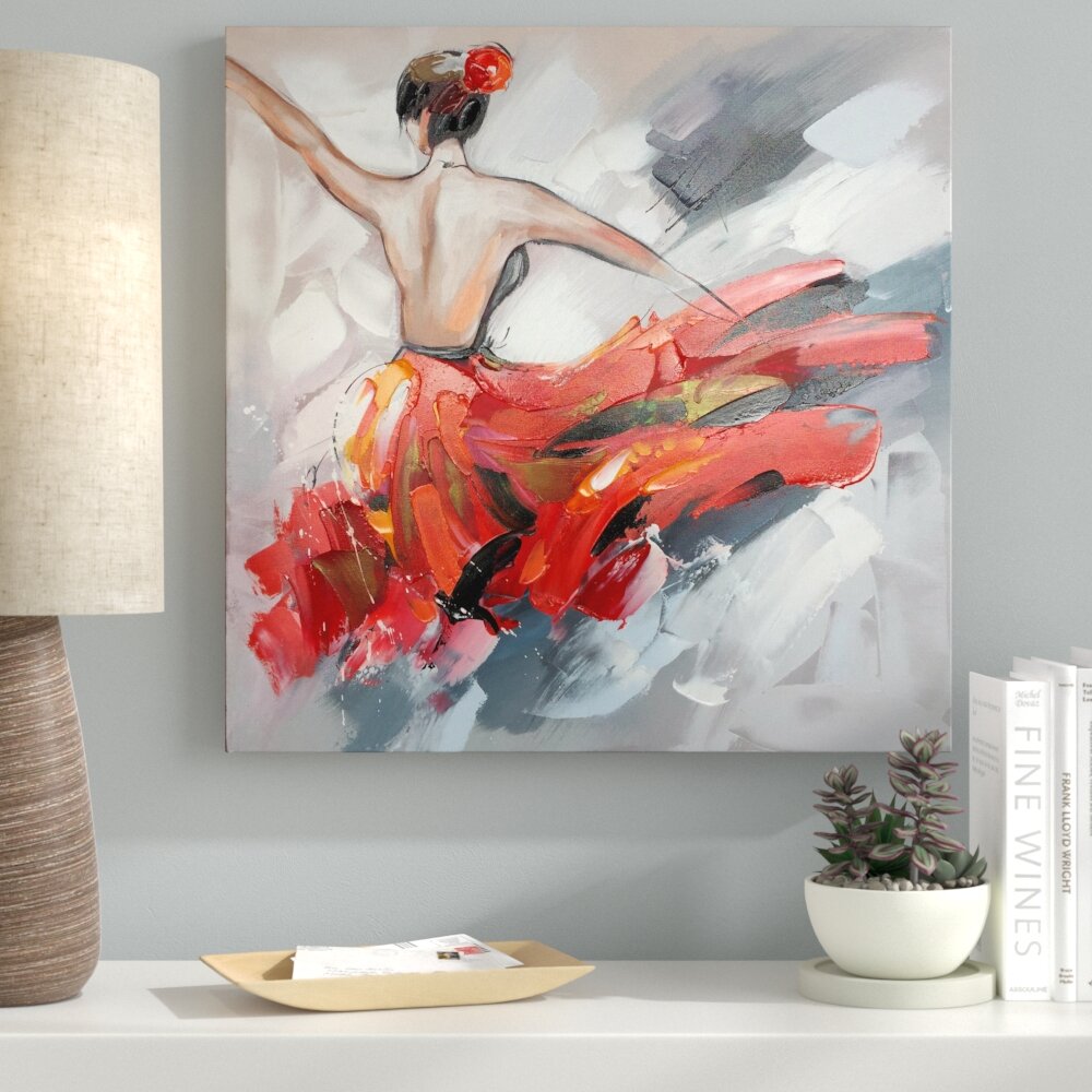 LMOP492 red dress dancing girl portrait hand painted art oil painting on canvas 