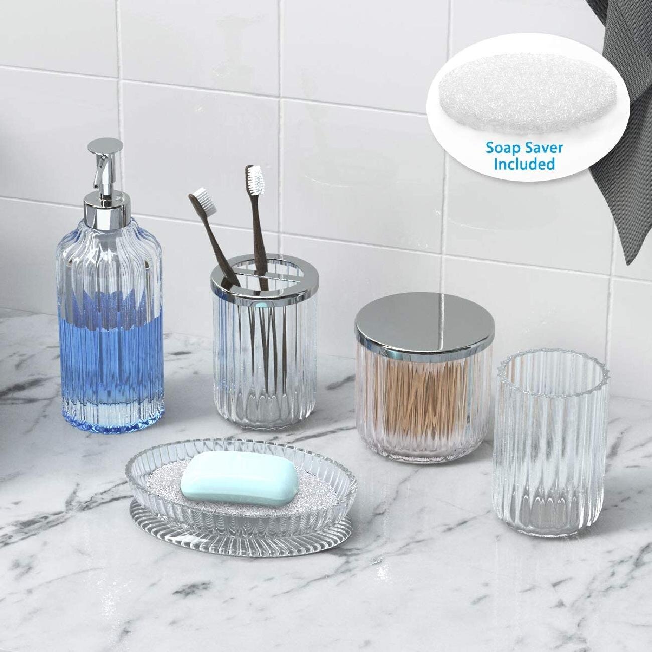 Latitude Run Bathroom Accessories Set 5 Pieces Glass Bath Accessory Collection Vanity Countertop Set Completes With Soap Dispenser Wayfair