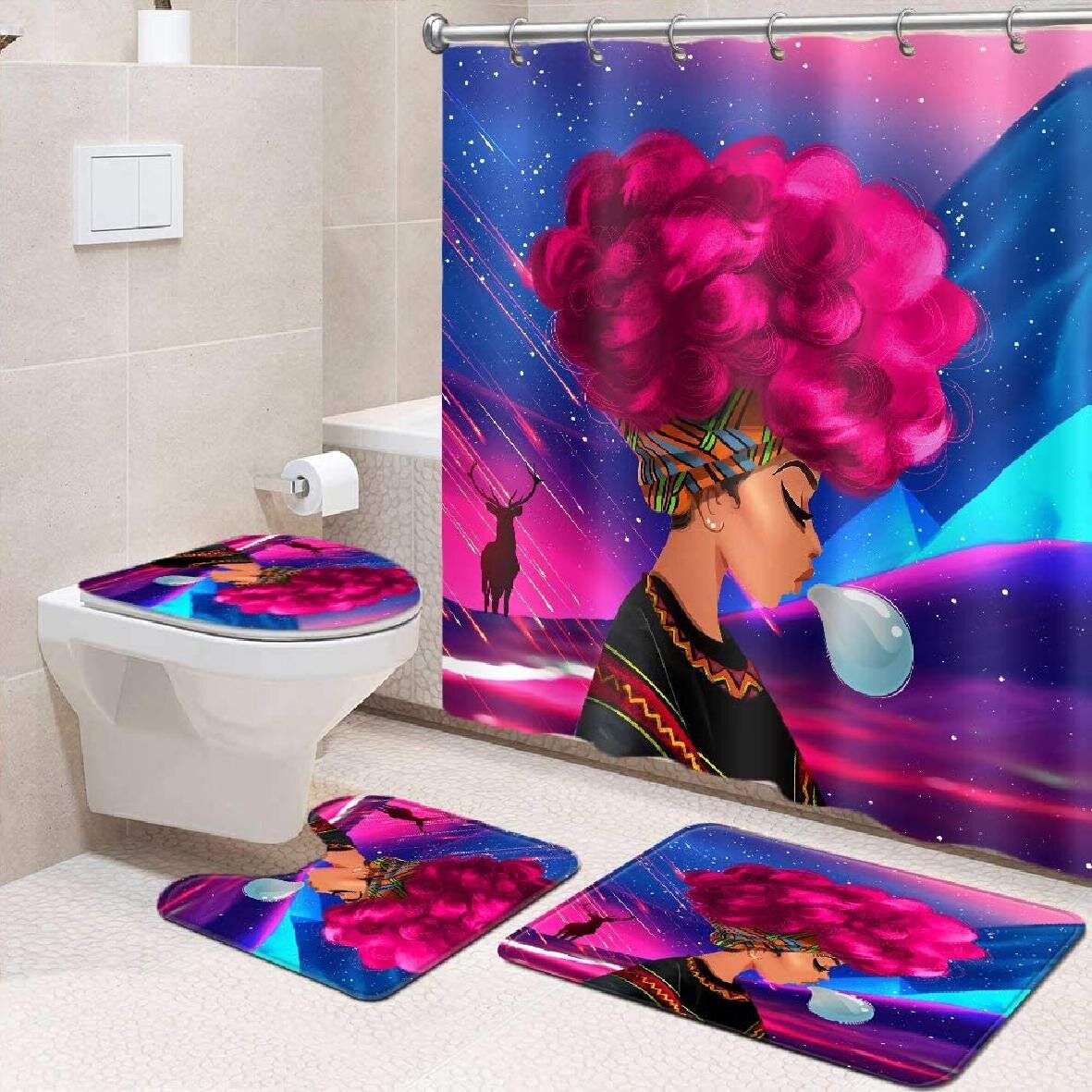 4PCS Exotic African Girl Bathroom Shower Curtain Toilet Non-Slip Cover Mat Set 