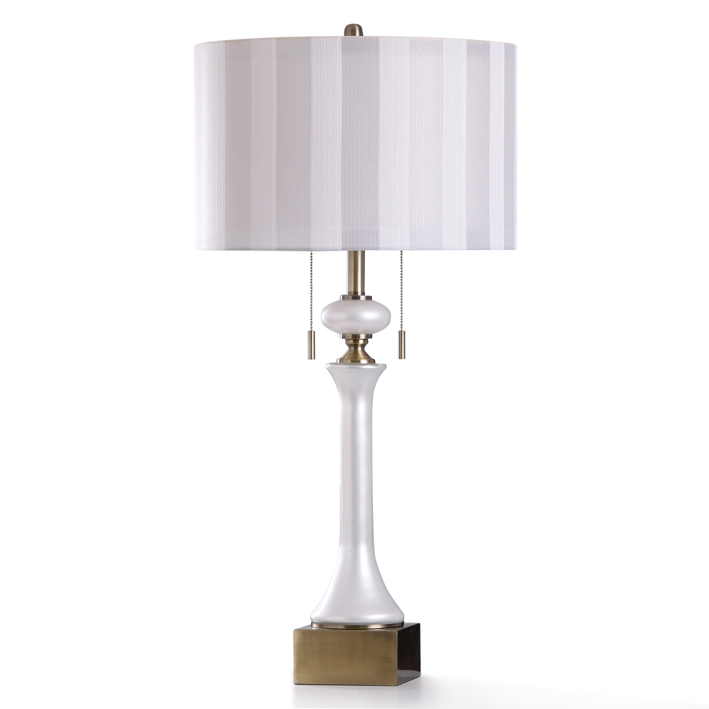 white and brass table lamp