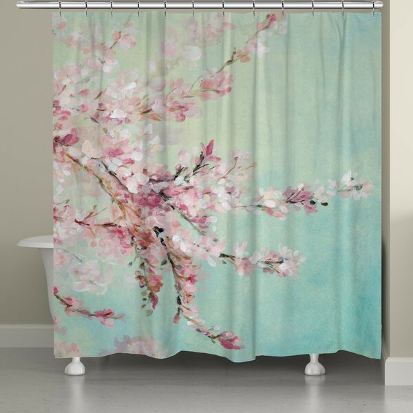 Japanese Pink Cherry Blossom Shower Curtain Bathroom Set Polyester Fabric Hooks 